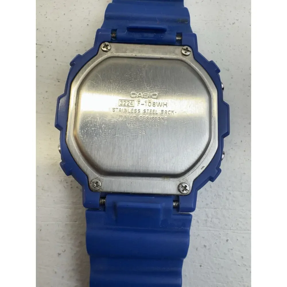 (261)Casio F-108WH Blue Digital Watch 3224 Alarm Chrono WR – Working – Preowned